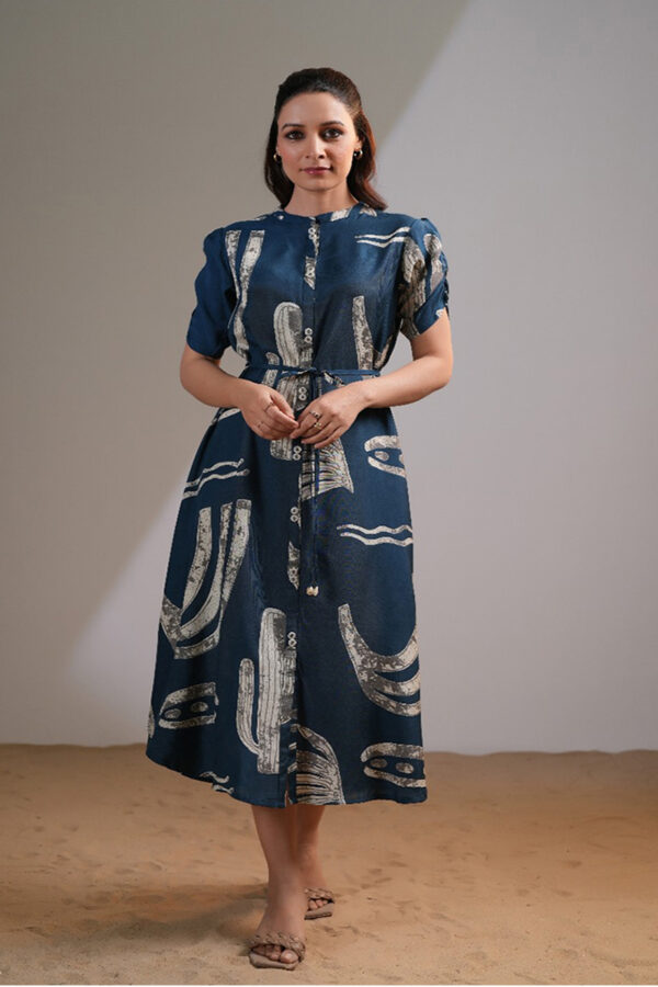 Peacock Blue Abstract Silk Printed Dress