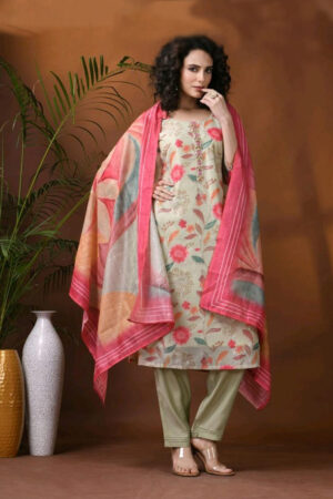 Sea green self weaving silk fabric with digital print duppatta