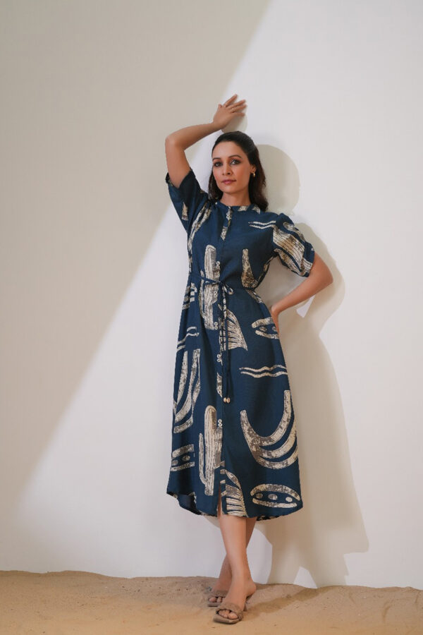 Peacock Blue Abstract Silk Printed Dress - Image 3