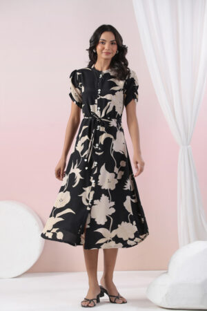 Black Russian Silk Abstract Floral Printed Midi Dress