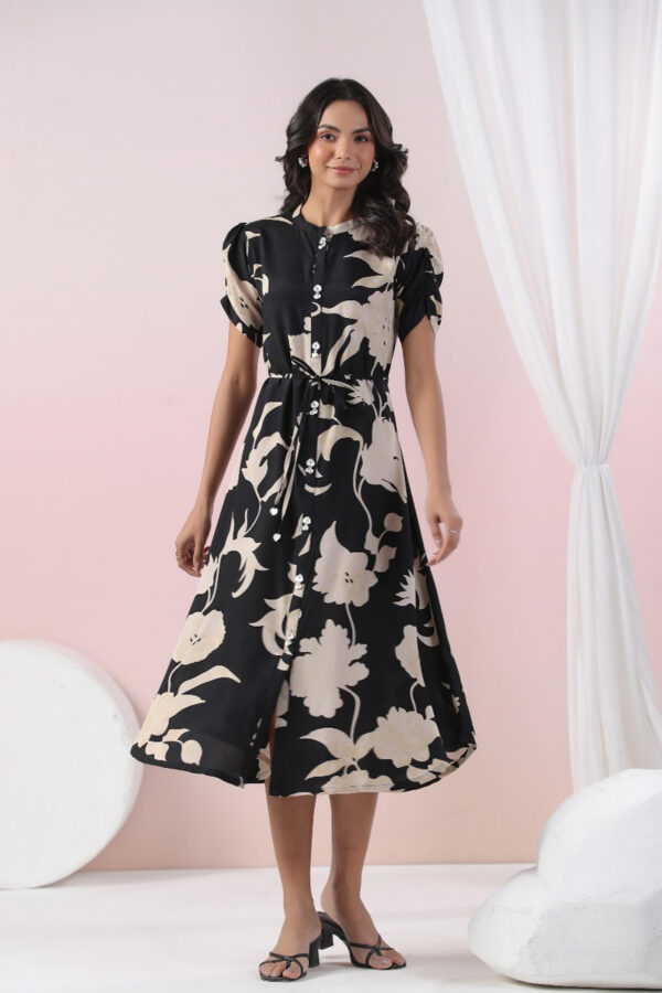 Black Russian Silk Abstract Floral Printed Midi Dress