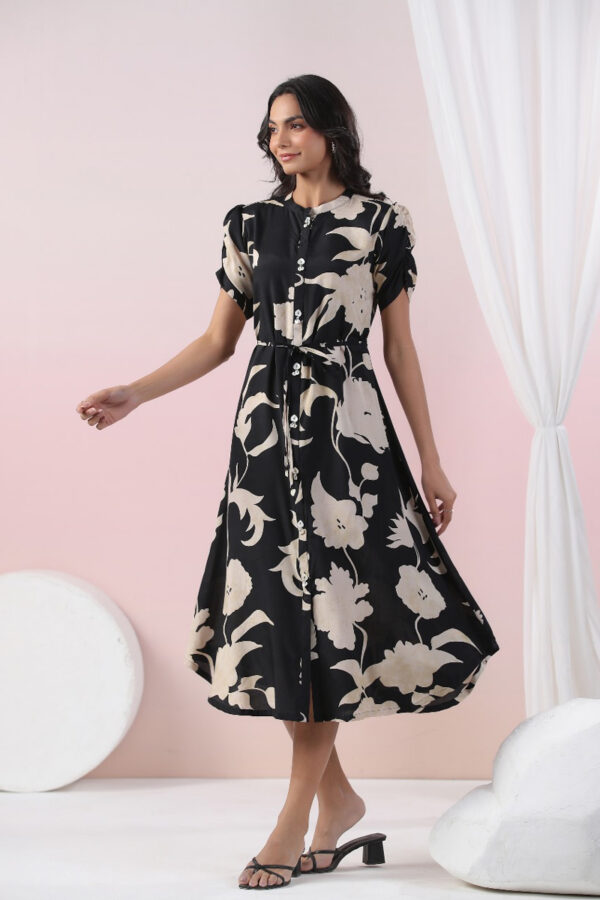 Black Russian Silk Abstract Floral Printed Midi Dress - Image 2
