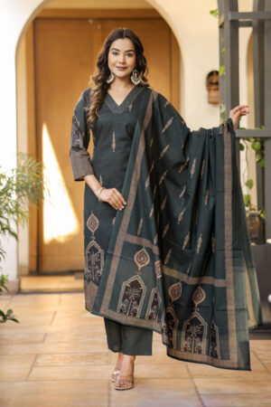 Olive Black Cotton Set With Duppatta