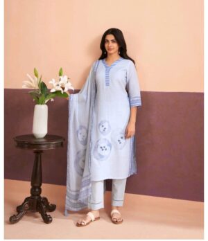 Floral Print Linen Kurta Set with Palazzos and Dupatta