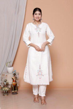 Embroidered White Cotton Kurta Set for Women with Straight Bottom Pants
