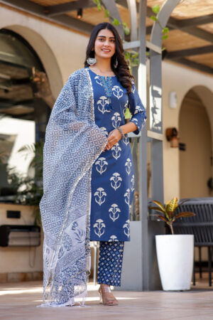 Blue Floral Print Kurta, Pant & Dupatta Set