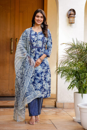 Blue Floral Printed Cotton Straight Kurta Set