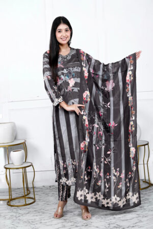Charcoal grey crepe printed set with duppatta