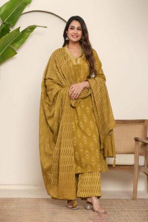 Mustard Yellow Cotton Printed Kurta Set With Dupatta and Palazzos