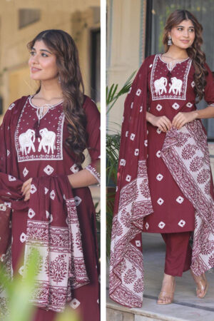 Maroon Bold Bhandhej Print With Elephant Motifs Embroidery On Neck Cotton Straight Pants