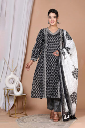 Black Cotton Set With Dupatta